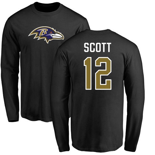 Men Baltimore Ravens Black Jaleel Scott Name and Number Logo NFL Football #12 Long Sleeve T Shirt